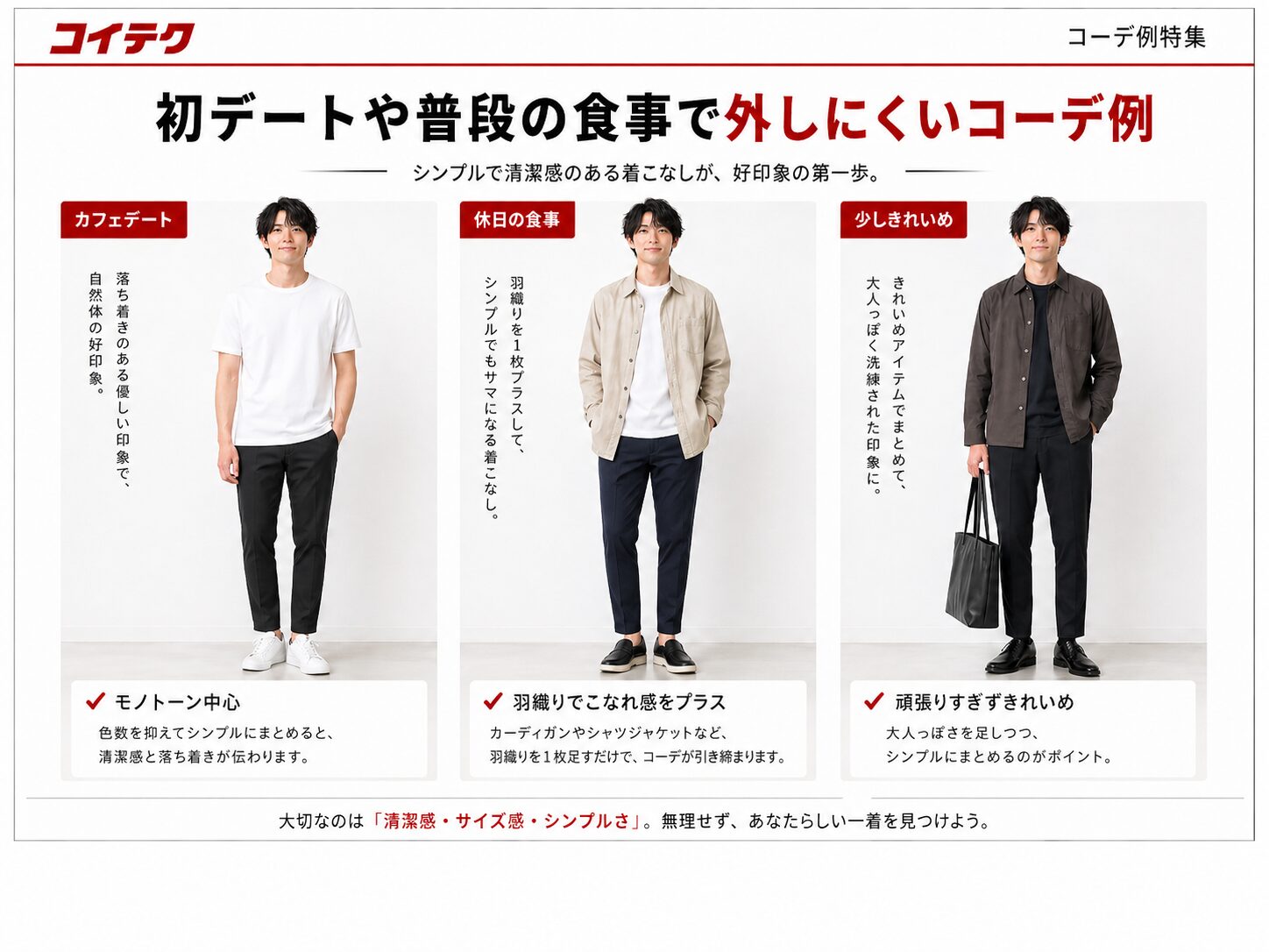 初デートや普段の食事で外しにくい服の合わせ方をまとめた図