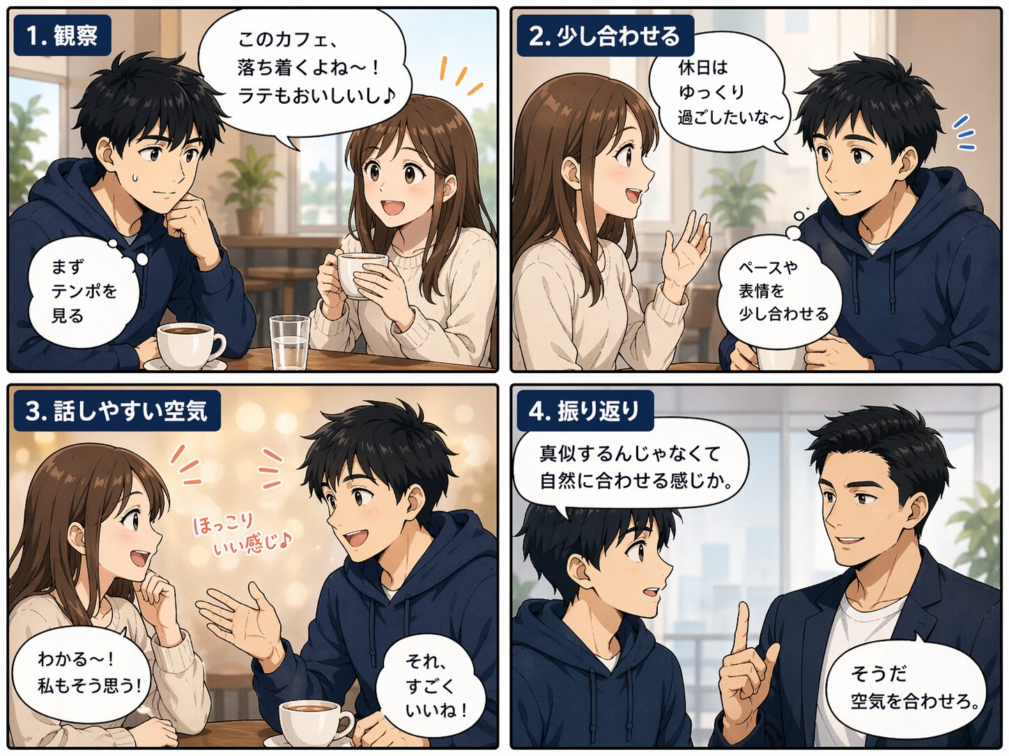 会話でミラーリングを自然に使う流れを示した4コマ漫画