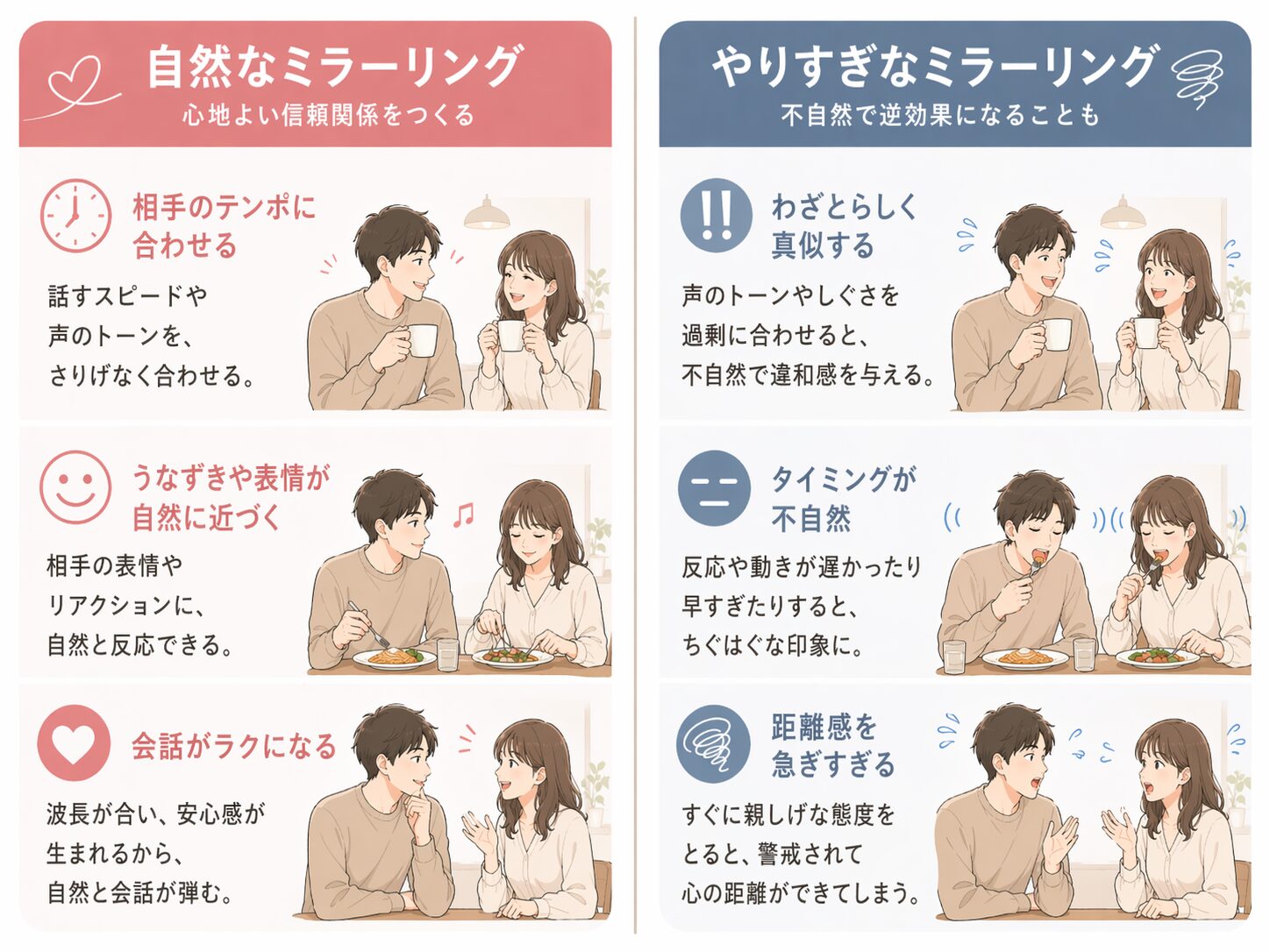 自然なミラーリングとやりすぎなミラーリングの違いを比較した図