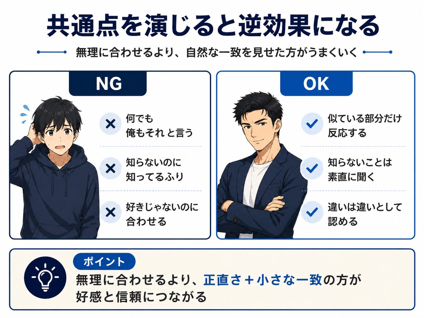 共通点を無理に演じるNG例と自然に一致を見せるOK例を比較した図