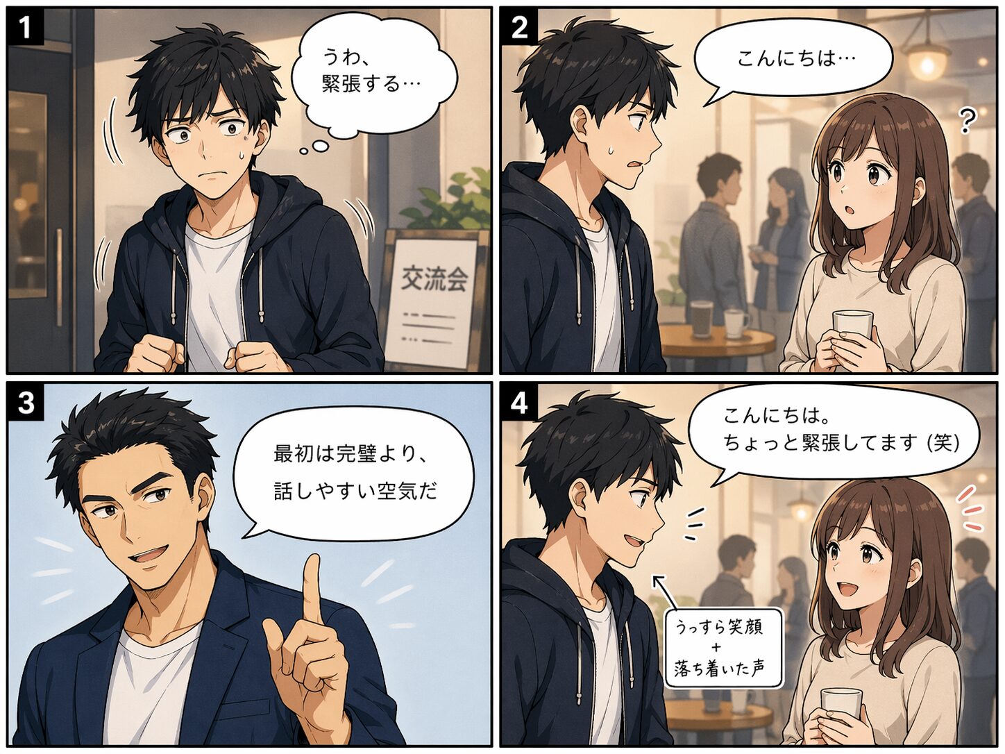 交流会での最初のひと言の悪い例と良い例を示した4コマ漫画