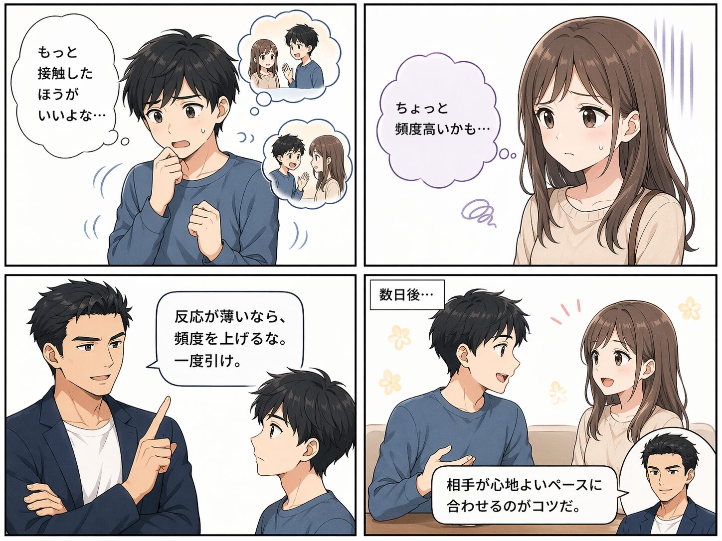 接触しすぎると逆効果になる流れを示した4コマ漫画